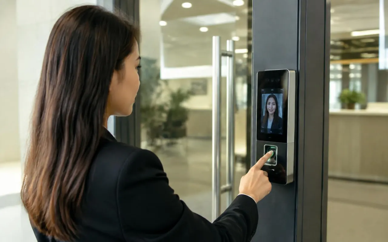 Face reader and card reader beside an office door, access control systems in Hyderabad (illustration)