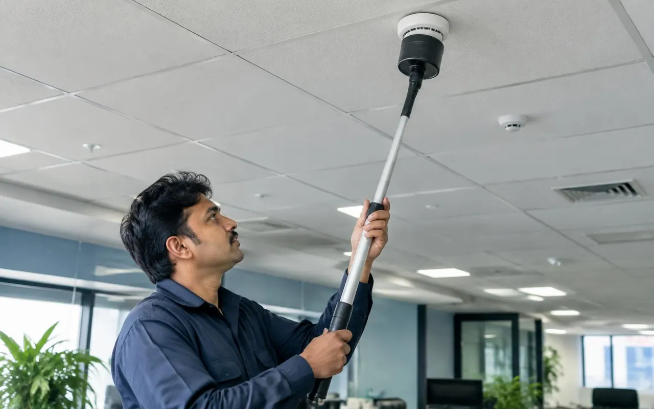 Technician testing a ceiling smoke detector. Illustrative image, not an Essatech project photo