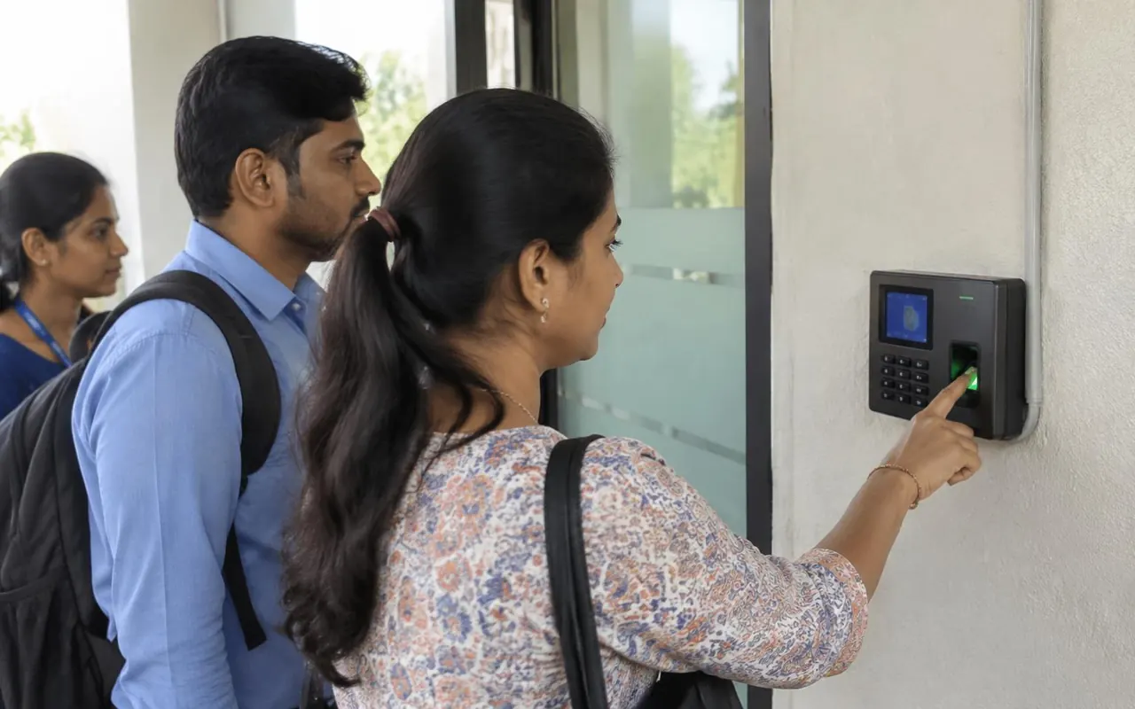 Staff marking attendance on a fingerprint terminal, Hyderabad