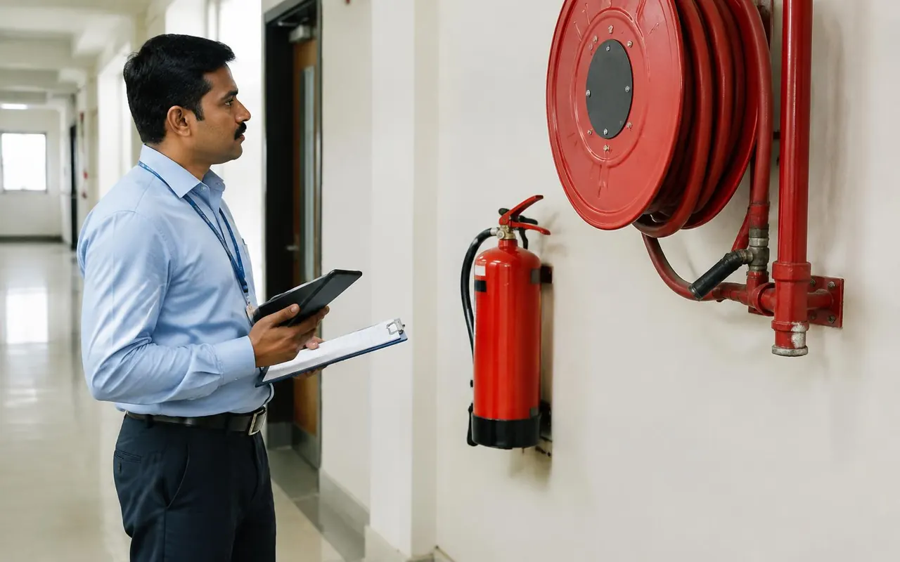 Fire safety inspector checking an extinguisher and hose reel