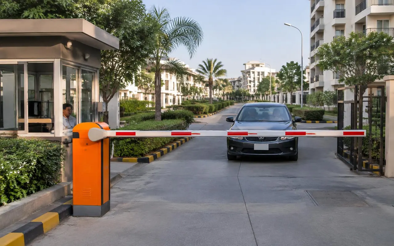 Boom barrier at a gated community entrance, Visakhapatnam