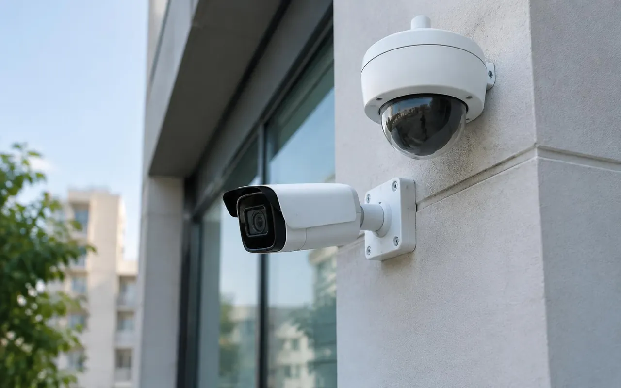 Dome and bullet CCTV cameras on a building wall, Hyderabad