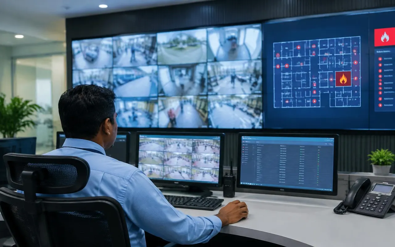 Security control room with CCTV and fire alarm screens