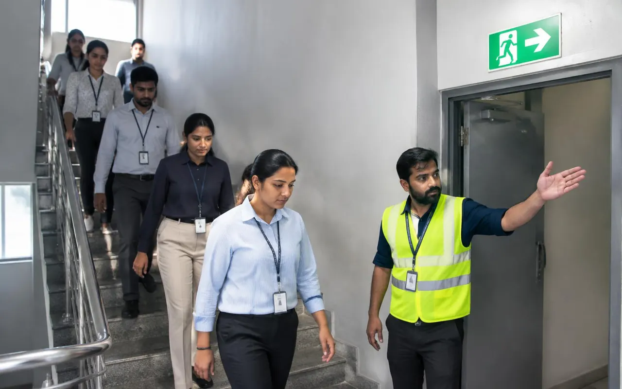 Fire warden guiding office staff to an exit during an evacuation
