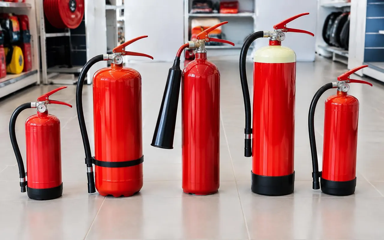 Red fire extinguishers on wall brackets with signs, fire extinguishers in Hyderabad (illustration)