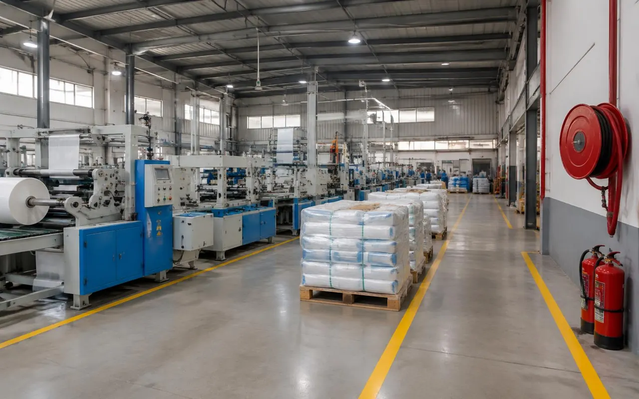 Factory floor with hose reel and fire extinguishers