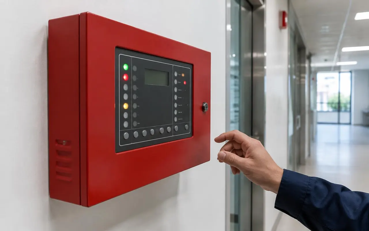 Fire alarm control panel in an office corridor