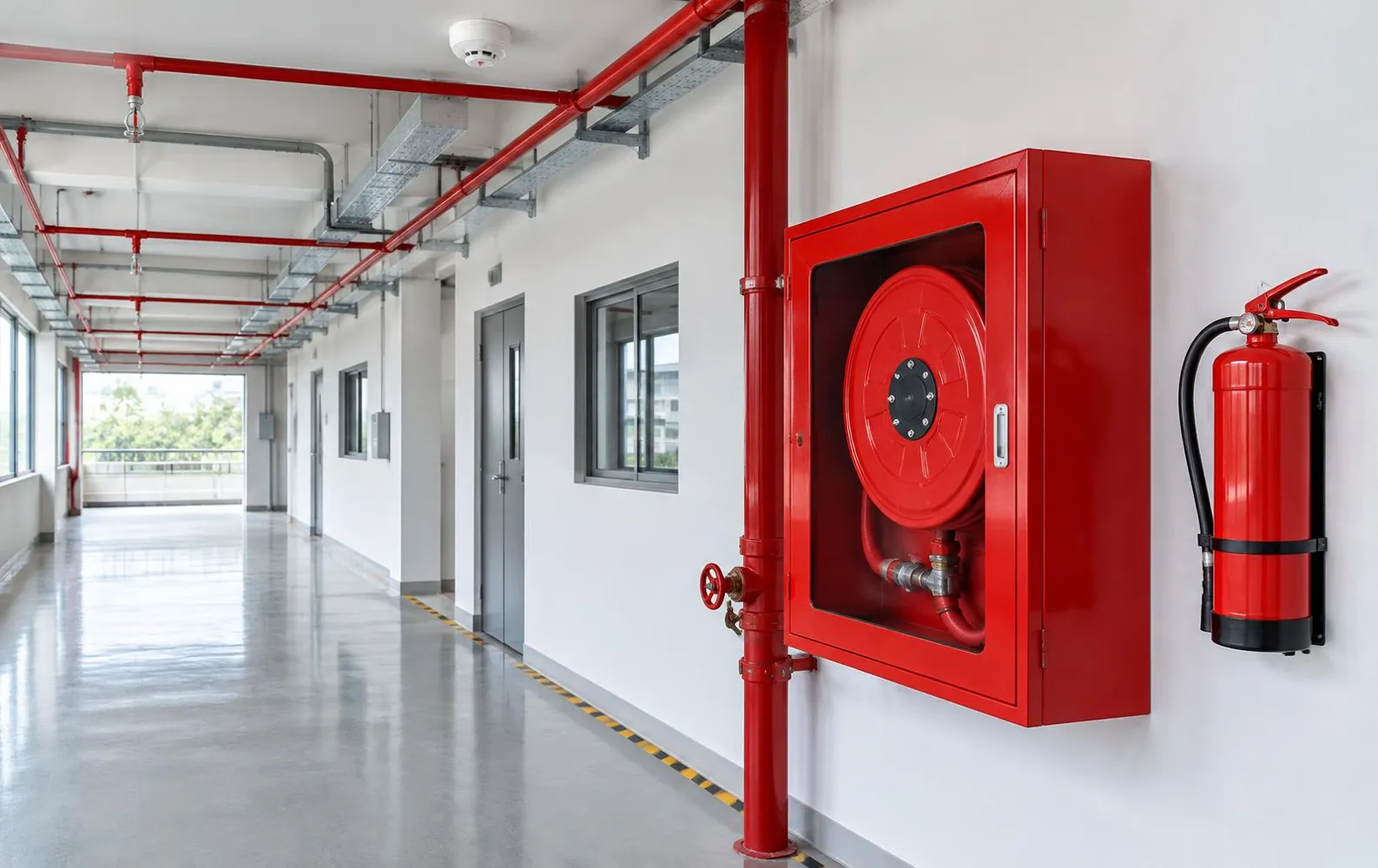 Illustrative fire hose reel, extinguisher and sprinkler installation