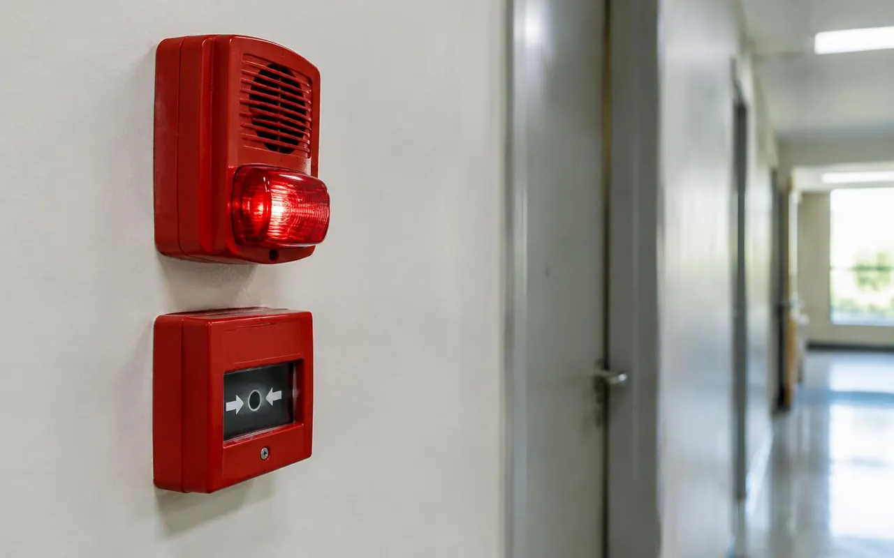 Fire alarm hooter with strobe and a manual call point. Illustrative image, not an Essatech project photo