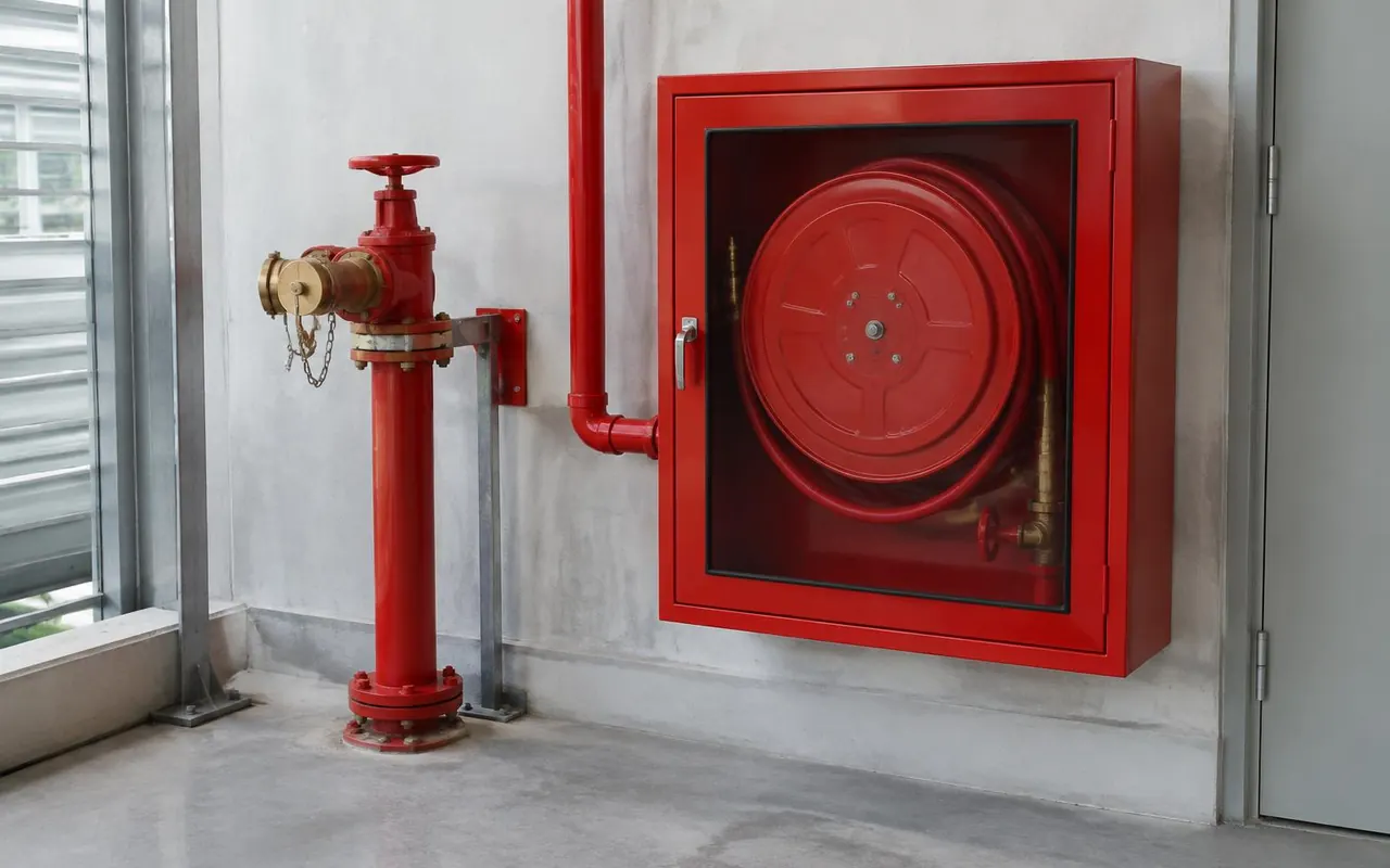 Red hydrant pipework and landing valve in a building, part of a fire hydrant system in Hyderabad (illustration)