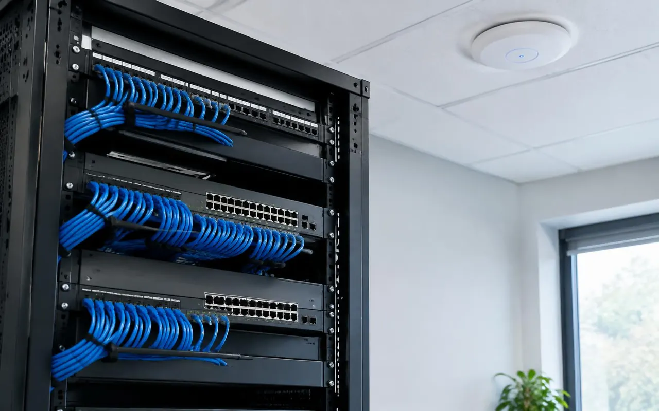 Network rack with LAN cabling and a Wi-Fi access point. Illustrative image, not an Essatech project photo