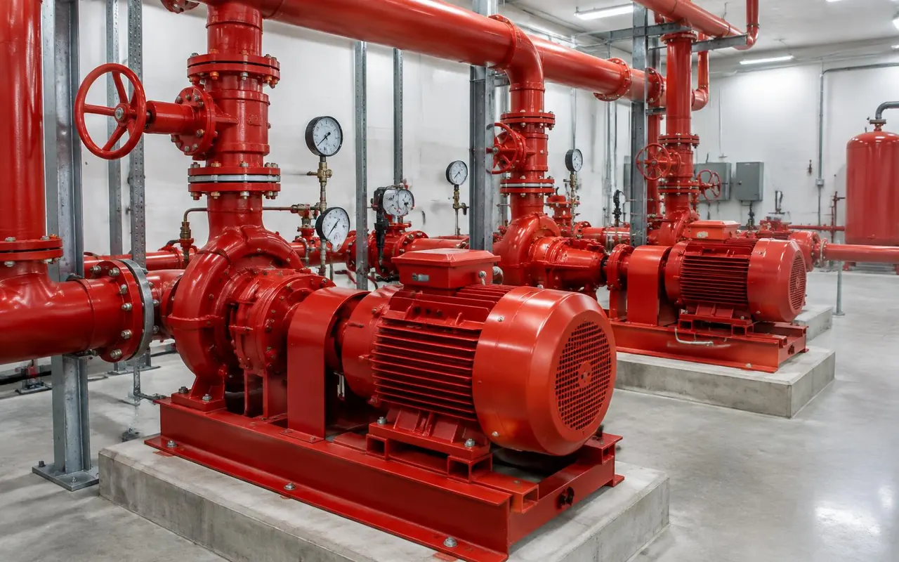 Fire pumps and valves in a pump room