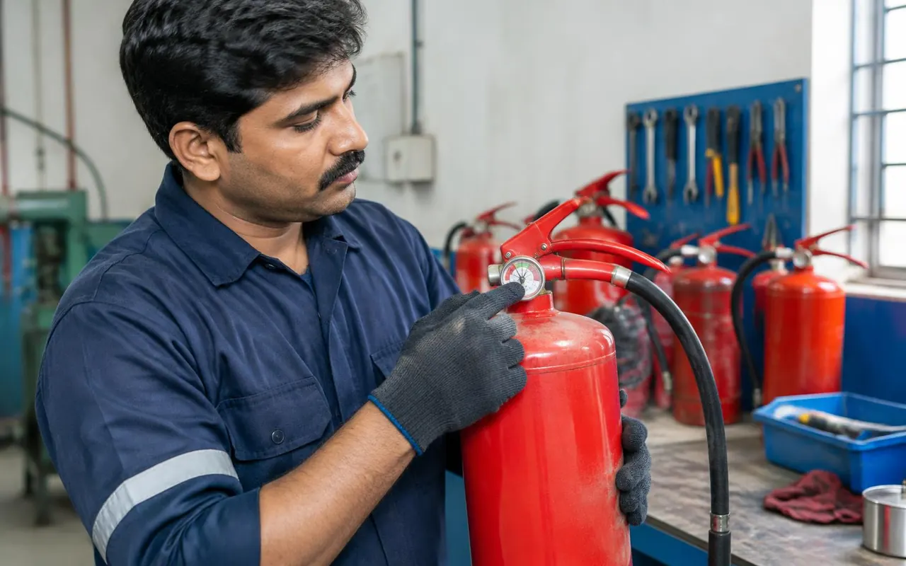 Technician checking a fire extinguisher during refilling. Illustrative image, not an Essatech project photo
