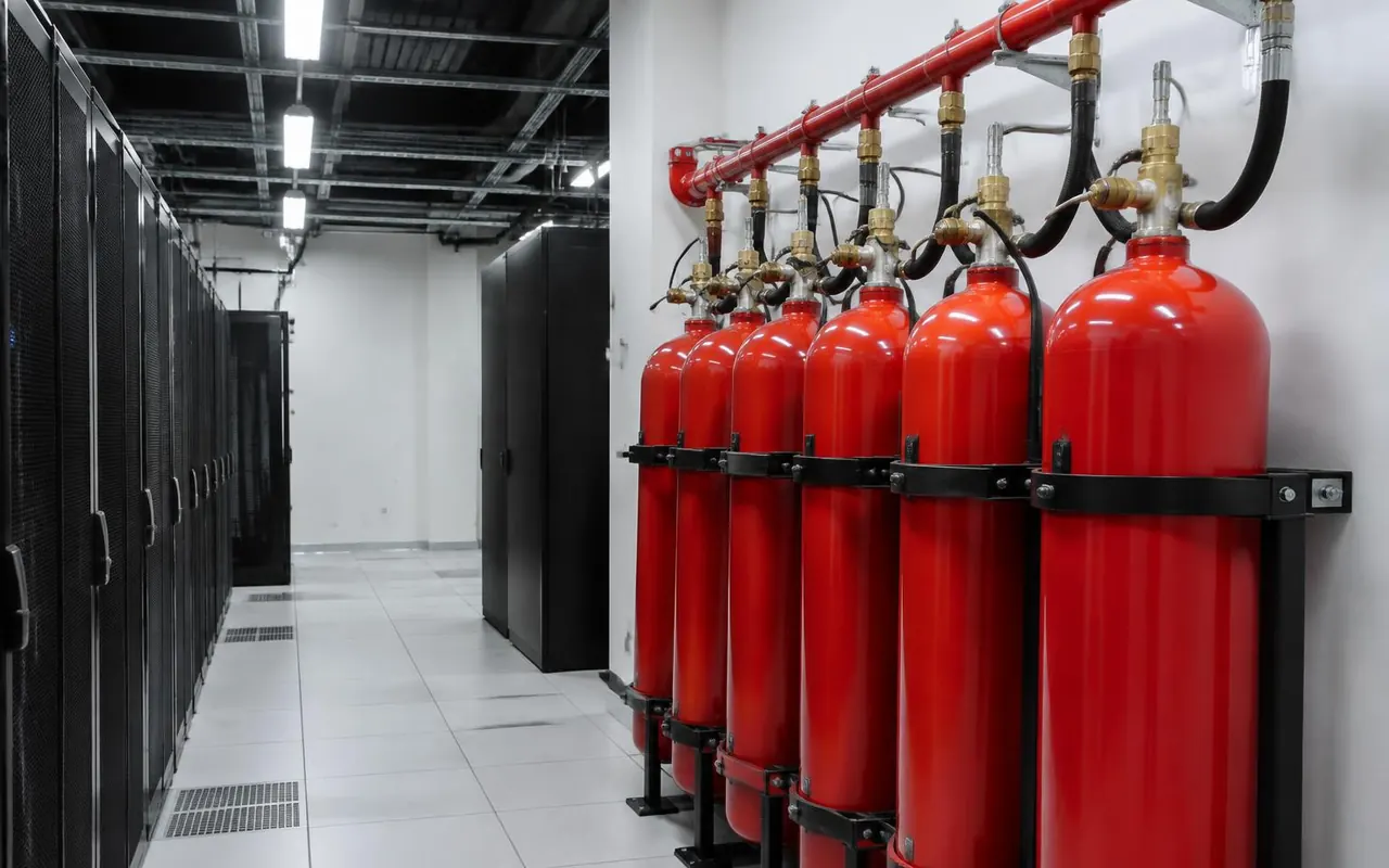Clean agent suppression cylinders in a server room, Hyderabad