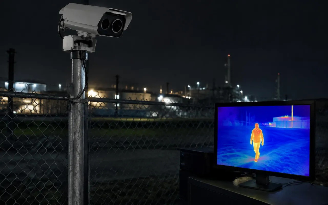 Thermal security camera on a perimeter fence at night, Hyderabad