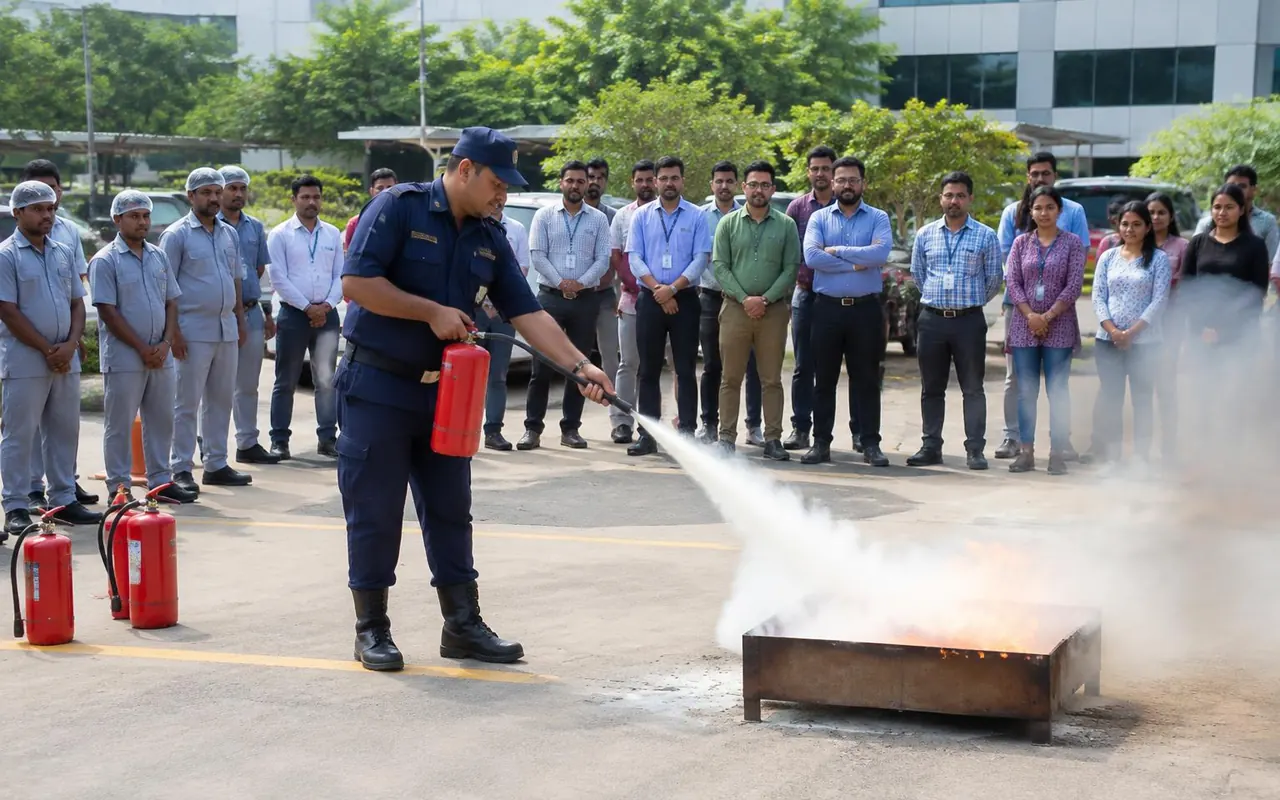 Trainer showing office and factory staff how to use a fire extinguisher