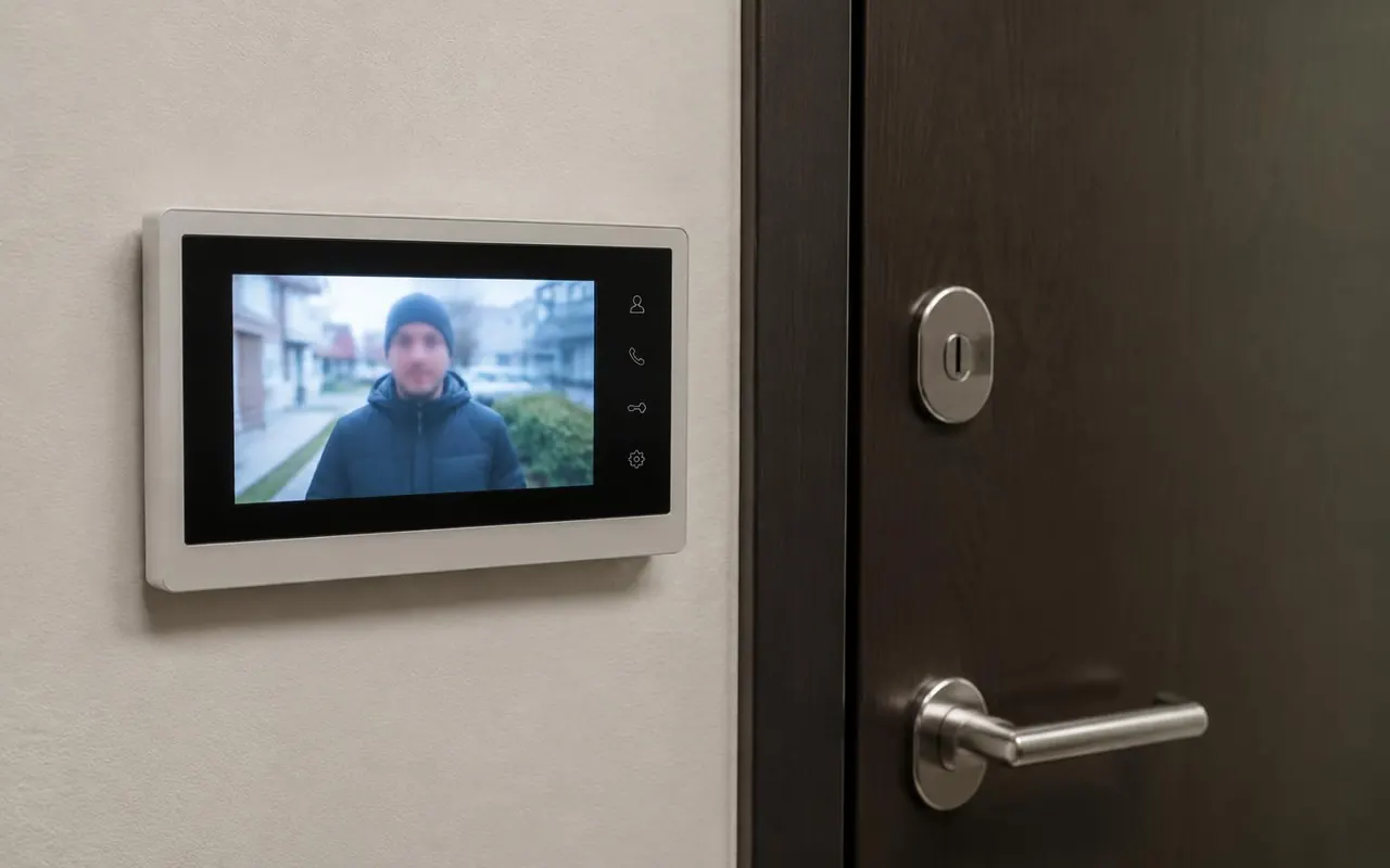 Video door phone screen beside a front door